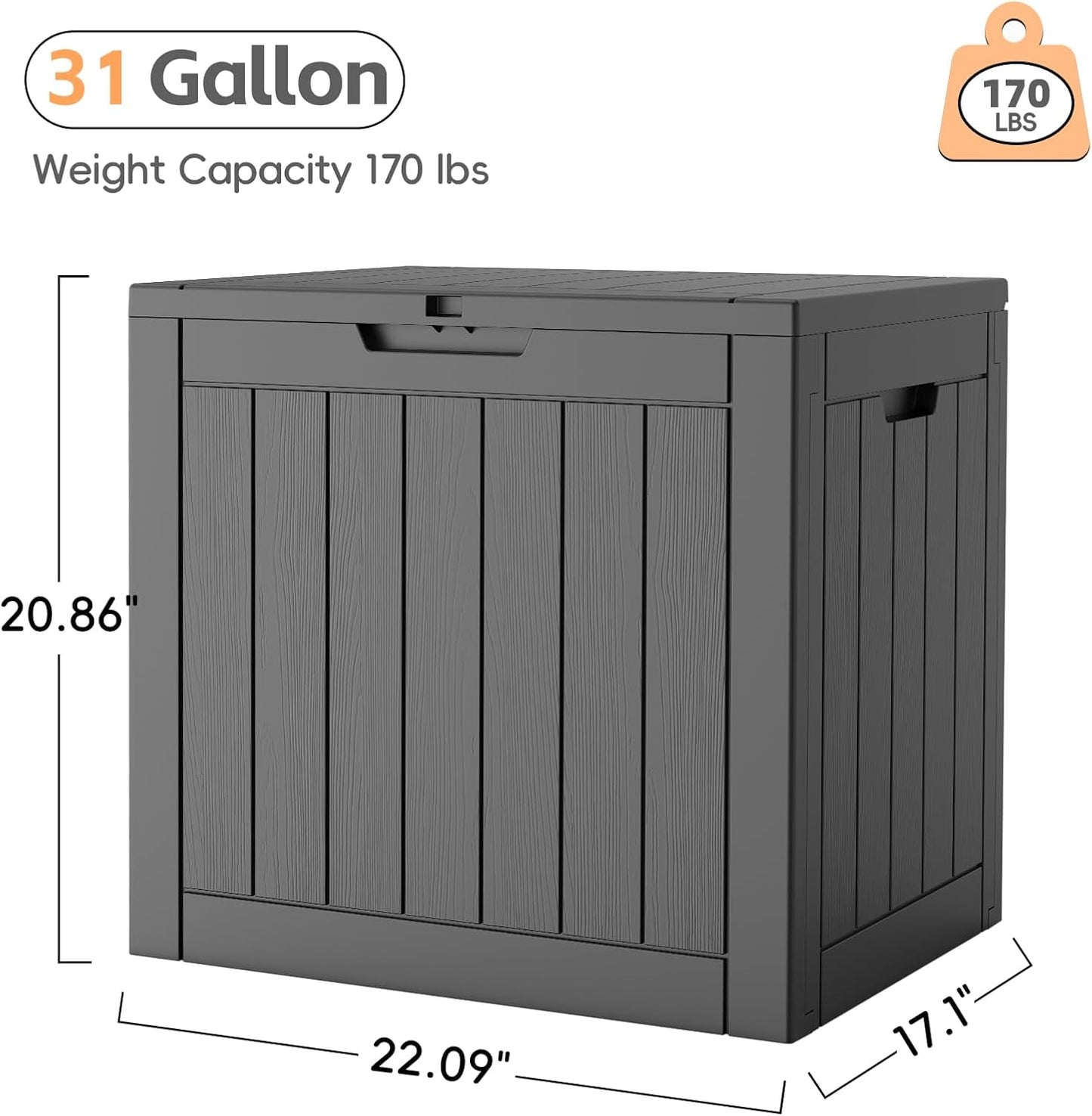 Outdoor Storage Box, 31 Gallon Waterproof Resin Deck Box, Storage Bin for Package Delivery, Patio Furniture Cushion, Garden Tools, Pool Accessories, Weatherproof and UV Resistant, Black