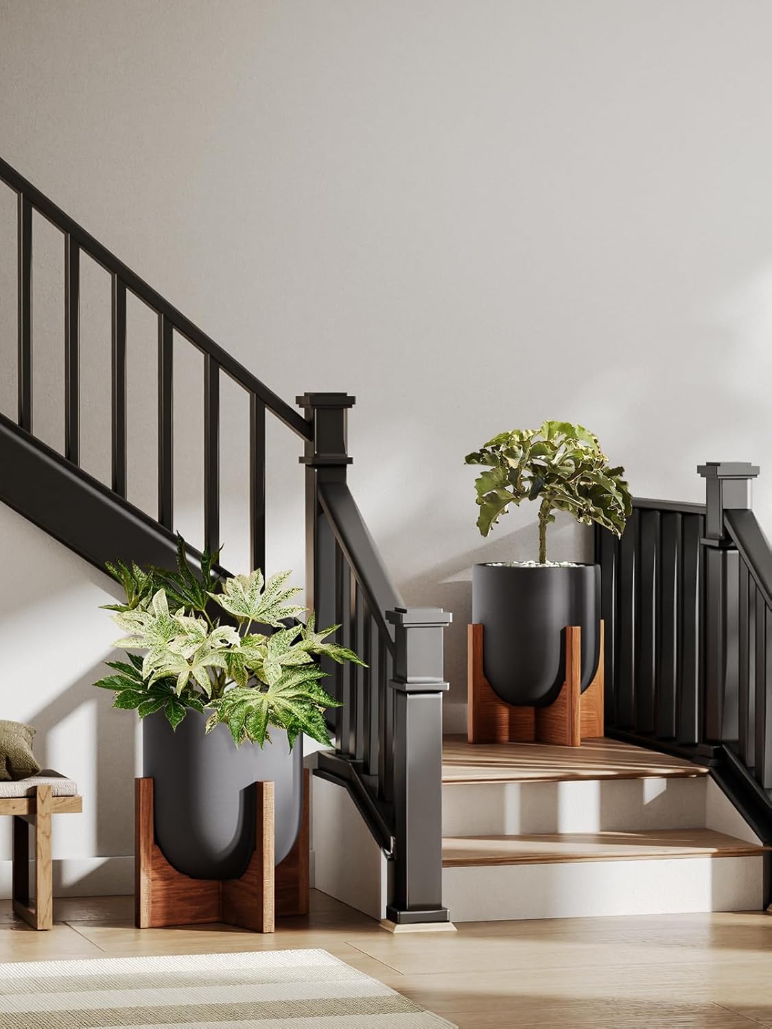 LE TAUCI 12 Inch Planter with Acacia Wood Stand, Ceramic Large Plant Pot for Indoor Plants, Cylinder Pots with Drainage Hole and Plug, Charcoal Gray