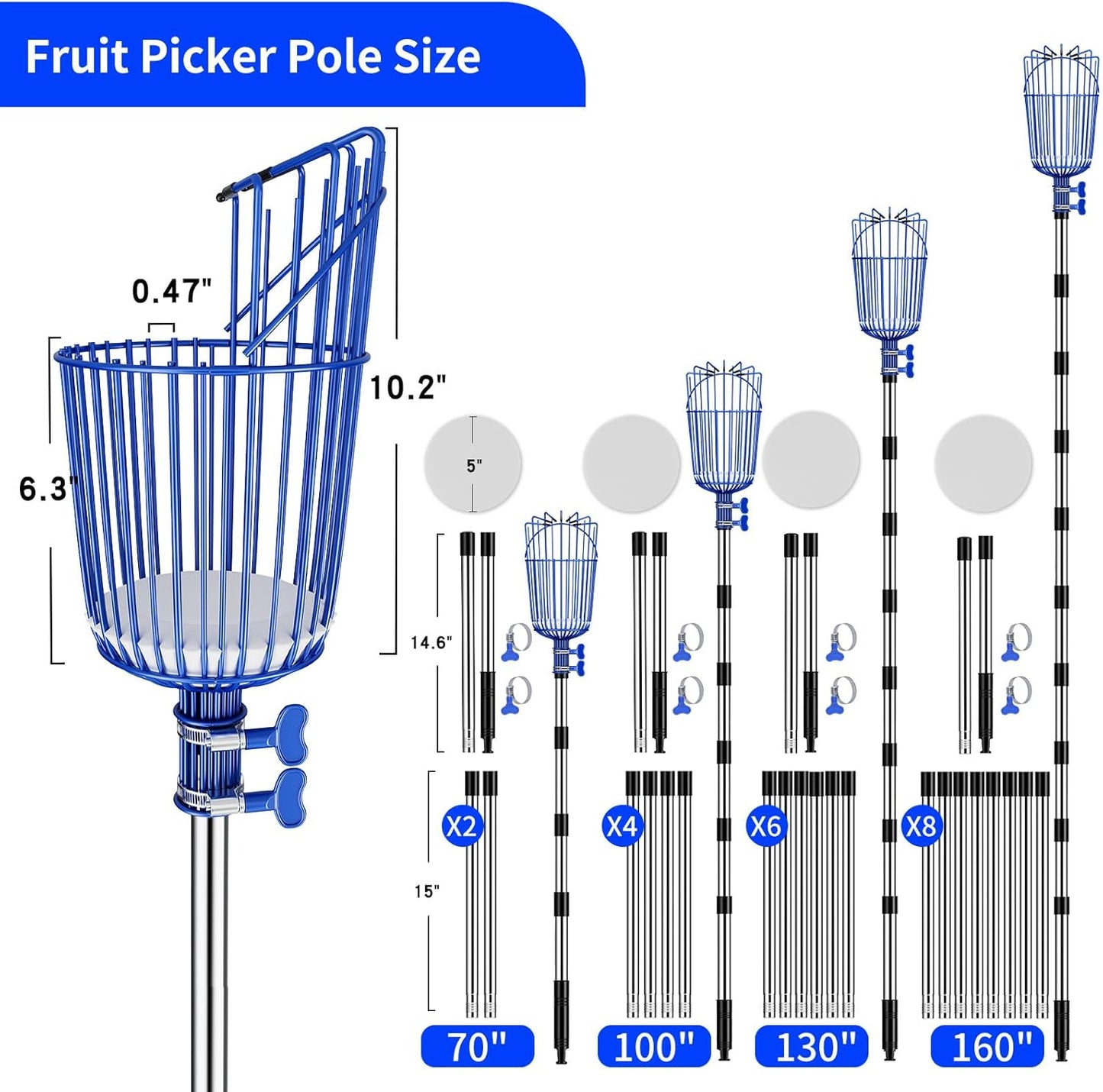 Fruit Picker Pole with Basket Segmented Fruit Picker Pole Tool for Apple Avocado Cherry Lemon Mango Orange Peach Picking(40-160")