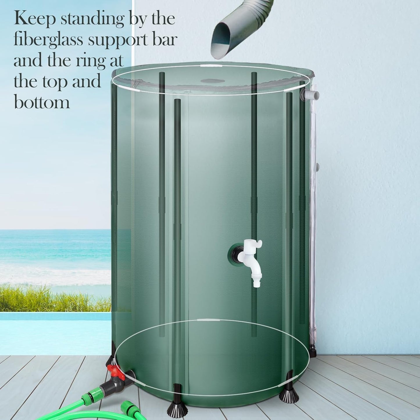 100 Gallon Collapsible Rain Barrel, SKM Portable Rain Water Collection Barrel for Garden/Outside/Lawn, PVC Rainwater Collection System Water Tank Storage Container with Spigots & Overflow Kit, Green