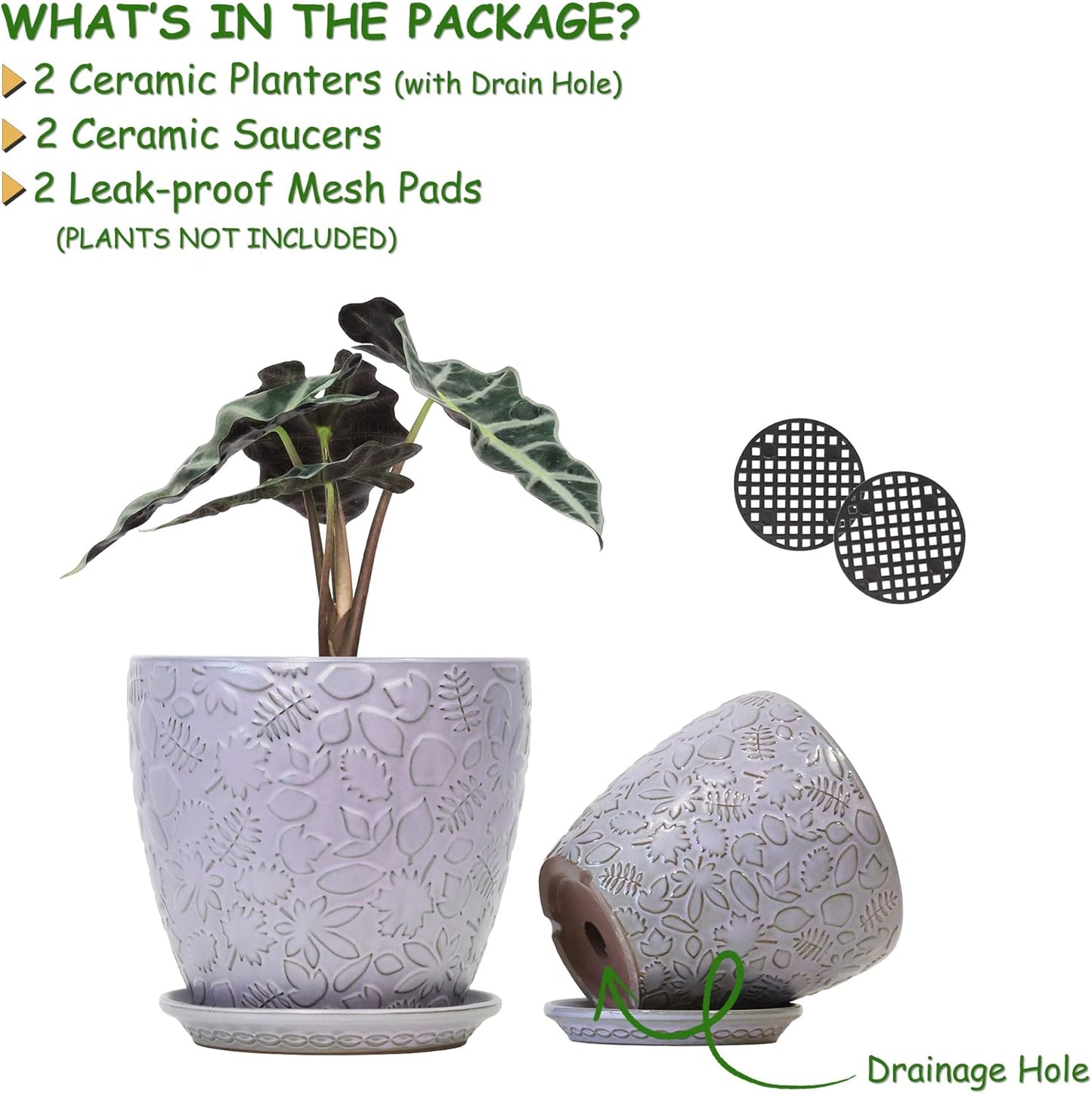 8 Inch + 6 Inch Retro Ceramic Planter Set of 2 with Drainage Hole and Saucer for Multiple Plants, Indoor-Outdoor Garden Pots for Succulent, Orchid, and Flower (Retro Purple)