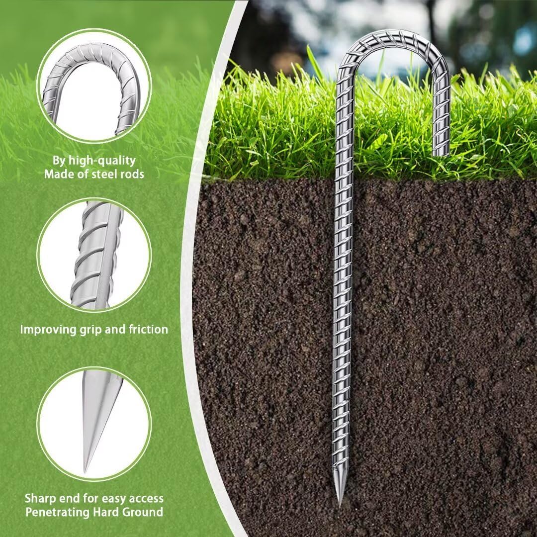 Ground-Stakes-Heavy-Duty-12-Inch, J Hook Rebar Stakes Galvanized Anti-Rust 50pcs Metal Stakes for Ground Heavy Duty Ground Anchors for Garden Dog Fence Chicken Coop Deer Fence