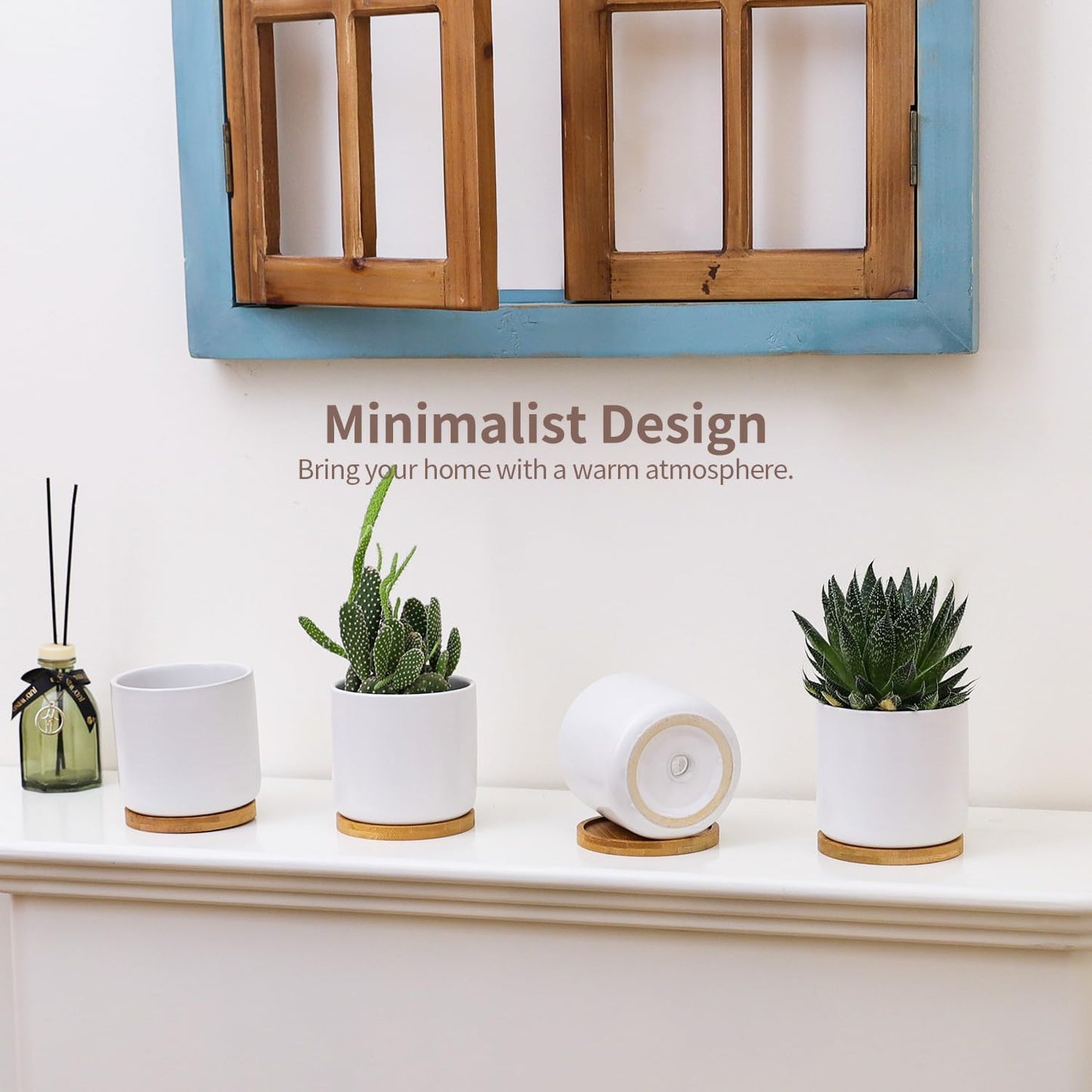 4 Inch Ceramic Plant Pots with Drainage Holes and Trays, Adorable Small Cylinder Flower Planter Pot with Saucers for Indoor Plants, Succulent, Snake Plants, Cactus & Herbs, White, Set of 4