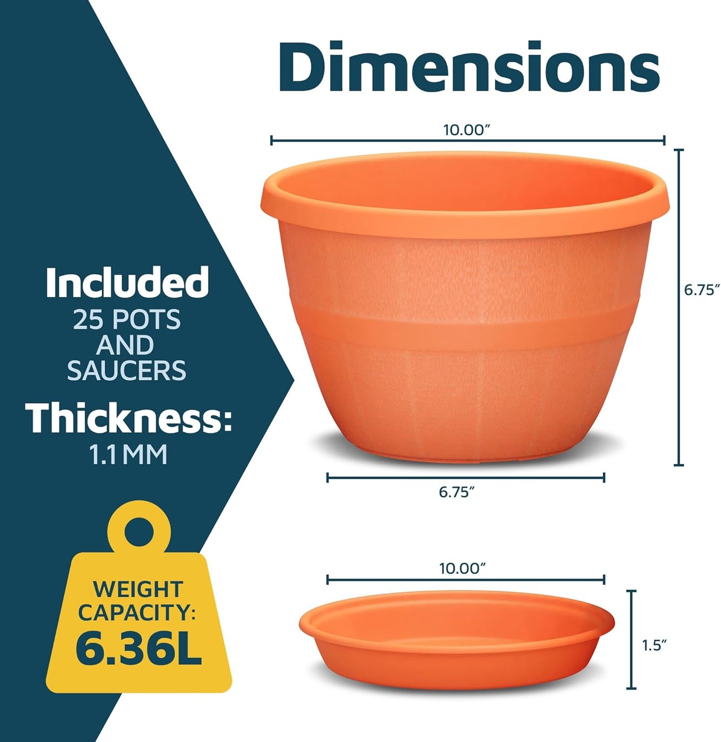 10-Inch Whiskey Barrel Planters Outdoor Pack of 25 - Durable Plastic Plant Pots for Indoor & Outdoor Use with Drainage & Saucer, Lightweight Rustic Barrel Planters for Flowers, Herbs & Small Plants