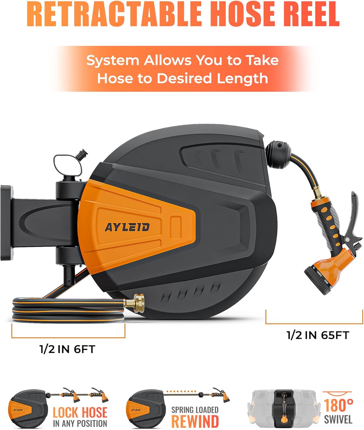 Ayleid Retractable Garden Hose Reel,1/2 in x 65 ft Wall Mounted Hose Reel, with 9- Function Sprayer Nozzle, Any Length Lock/Slow Return System/Wall Mounted/180°Swivel Bracket (Black)