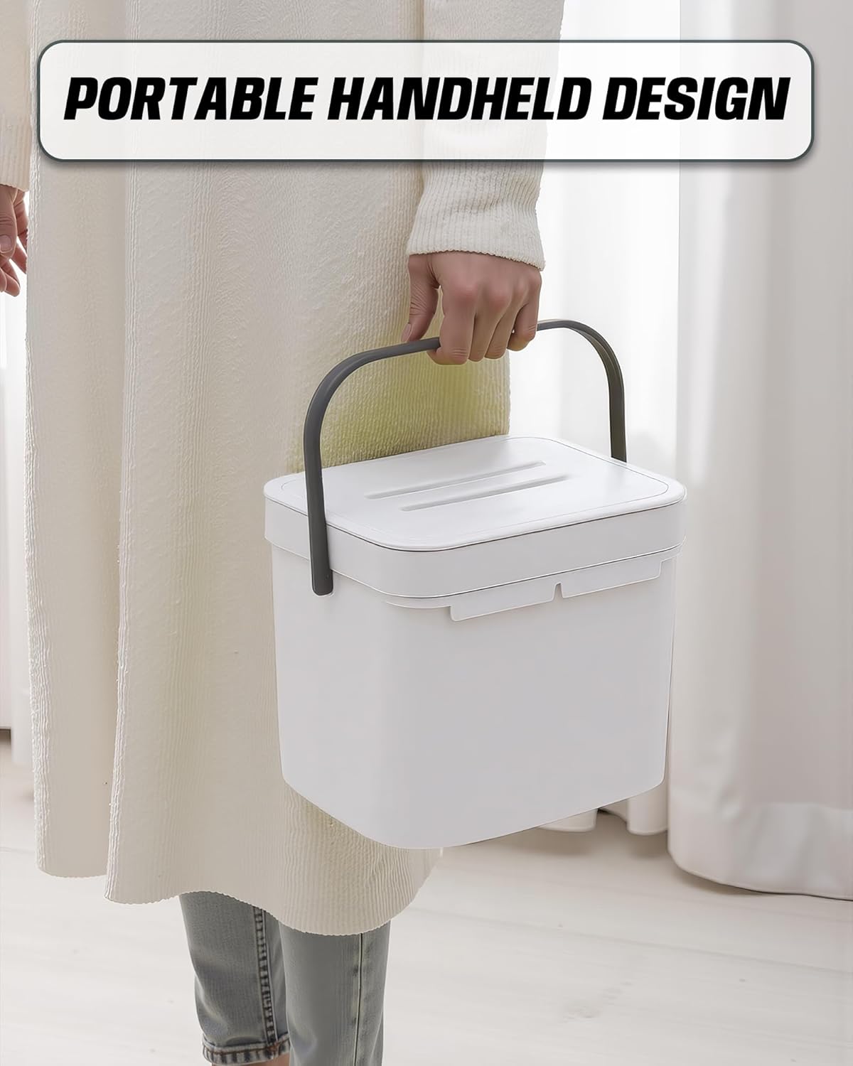 Kitchen Compost Bin - 1.8 Gallons Hanging Trash Can with Lid for Kitchen Cabinet Door, Under Sink, Wall Mounted Waste Bin for Bathroom, 7L(White)