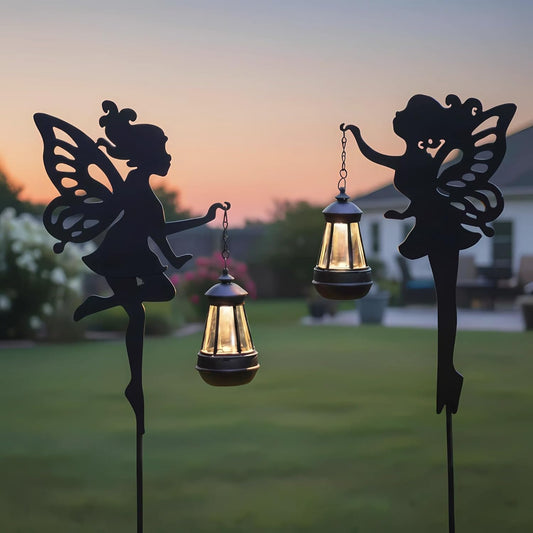 Fairy Garden Accessories Lawn Ornaments 1 Pair - Solar Lights Halloween Decorations Outdoor Garden Statue, Metal Stakes Decorative Figurines for Yard Decor, Patio (Type A Warm Lighting)