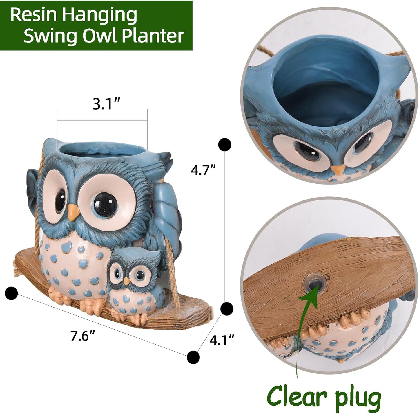 Swing Owl Hanging Planters for Indoor Plants, Cute Small Succulent Pots with Drainage Hole, Unique Resin Plant Hangers Outdoor, Hanging Plant Holder for String Of Pearls, Gift Ideas for Mother