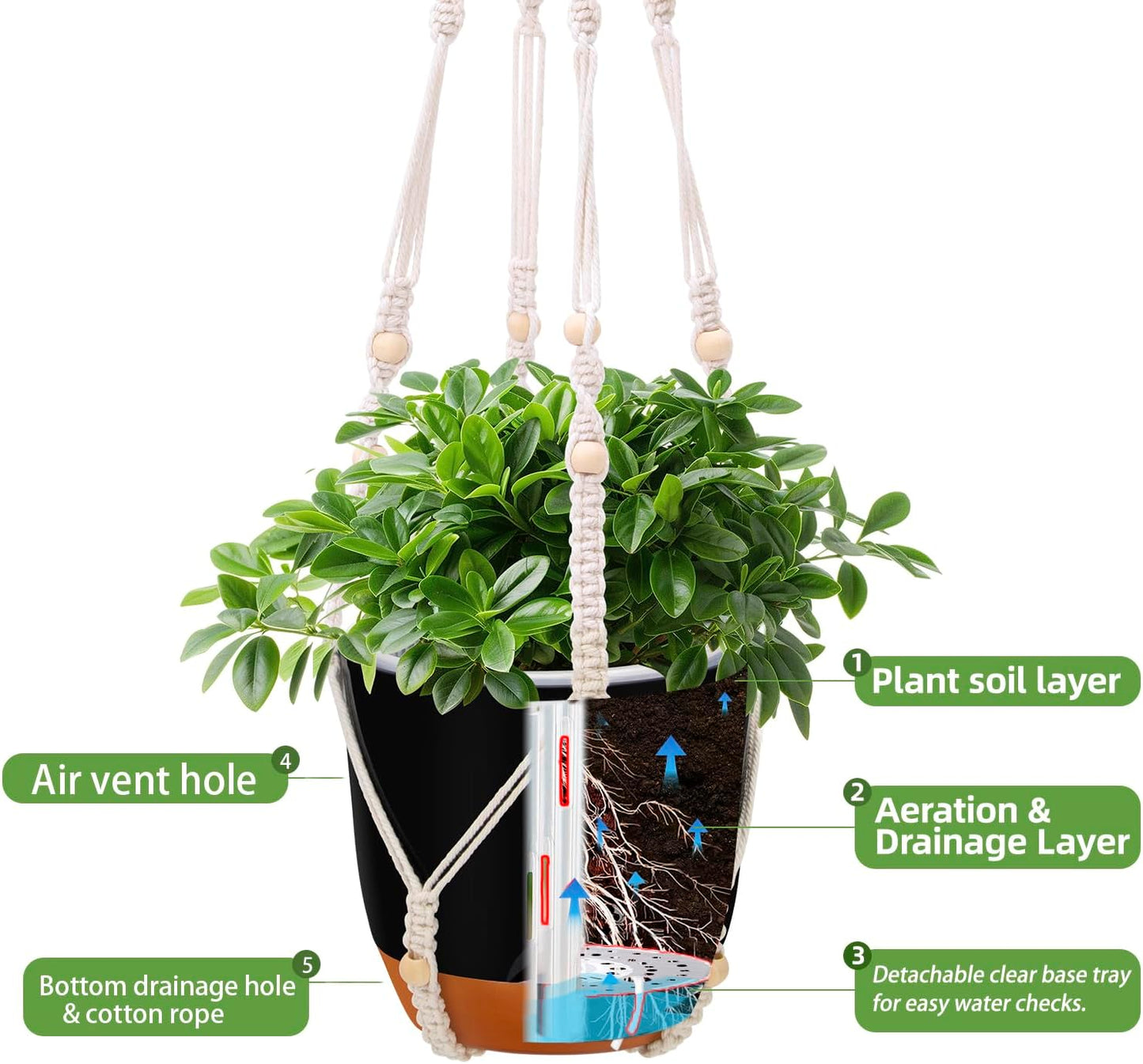 2-Pack Self-Watering Hanging Planters for Indoor & Outdoor Plants,34-Inch macrame hanger plant pots indoor with drainage,5.7-Inch Small Hanging Planters & Baskets in Black,With two sets of hooks