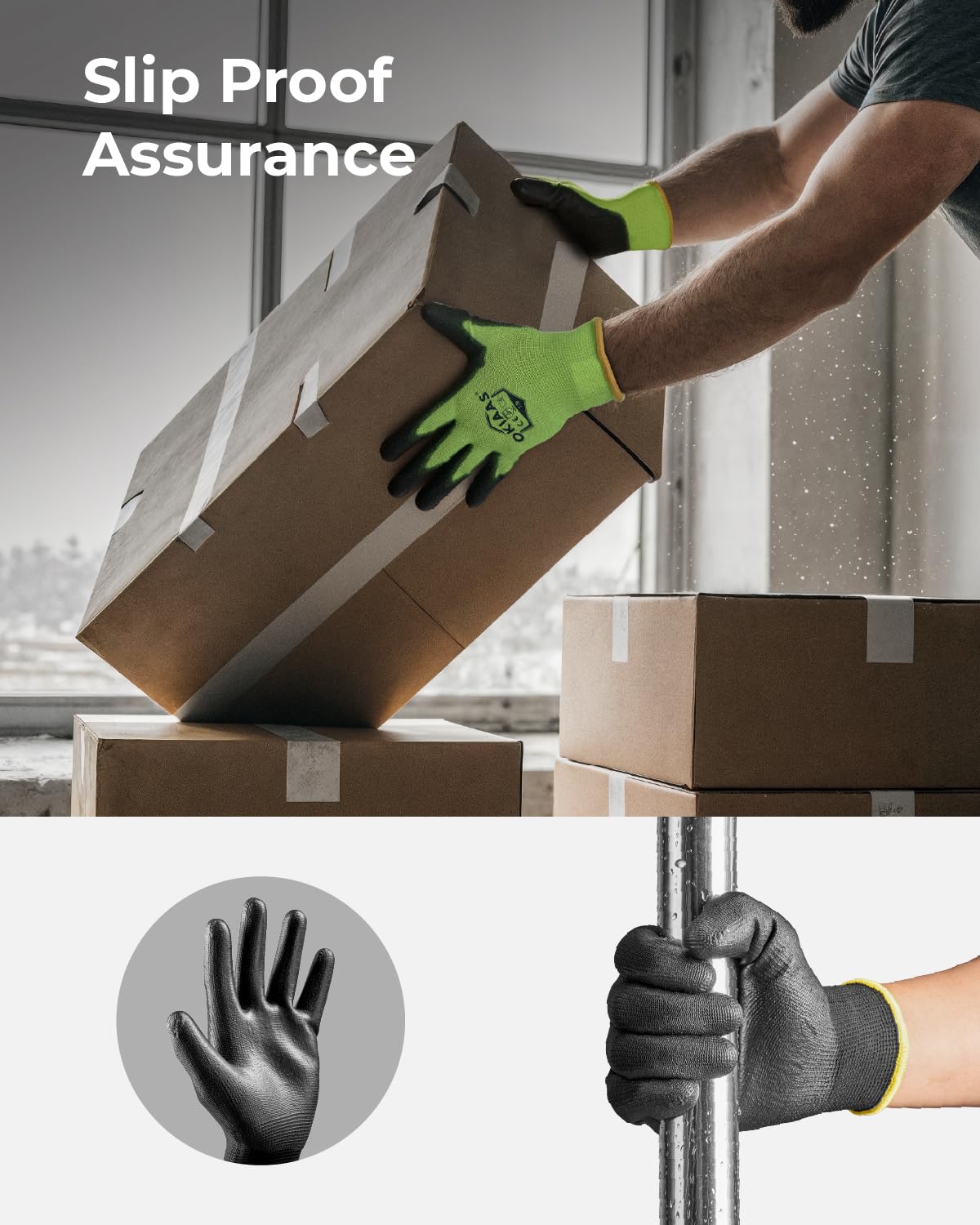 OKIAAS Work Gloves for Men, Ultra Thin and Lightweight Working Gloves with Grip, 12 Pairs Bulk Pack Construction Gloves with Polyurethane Coating for Light Duty Work (Green, X-Large)