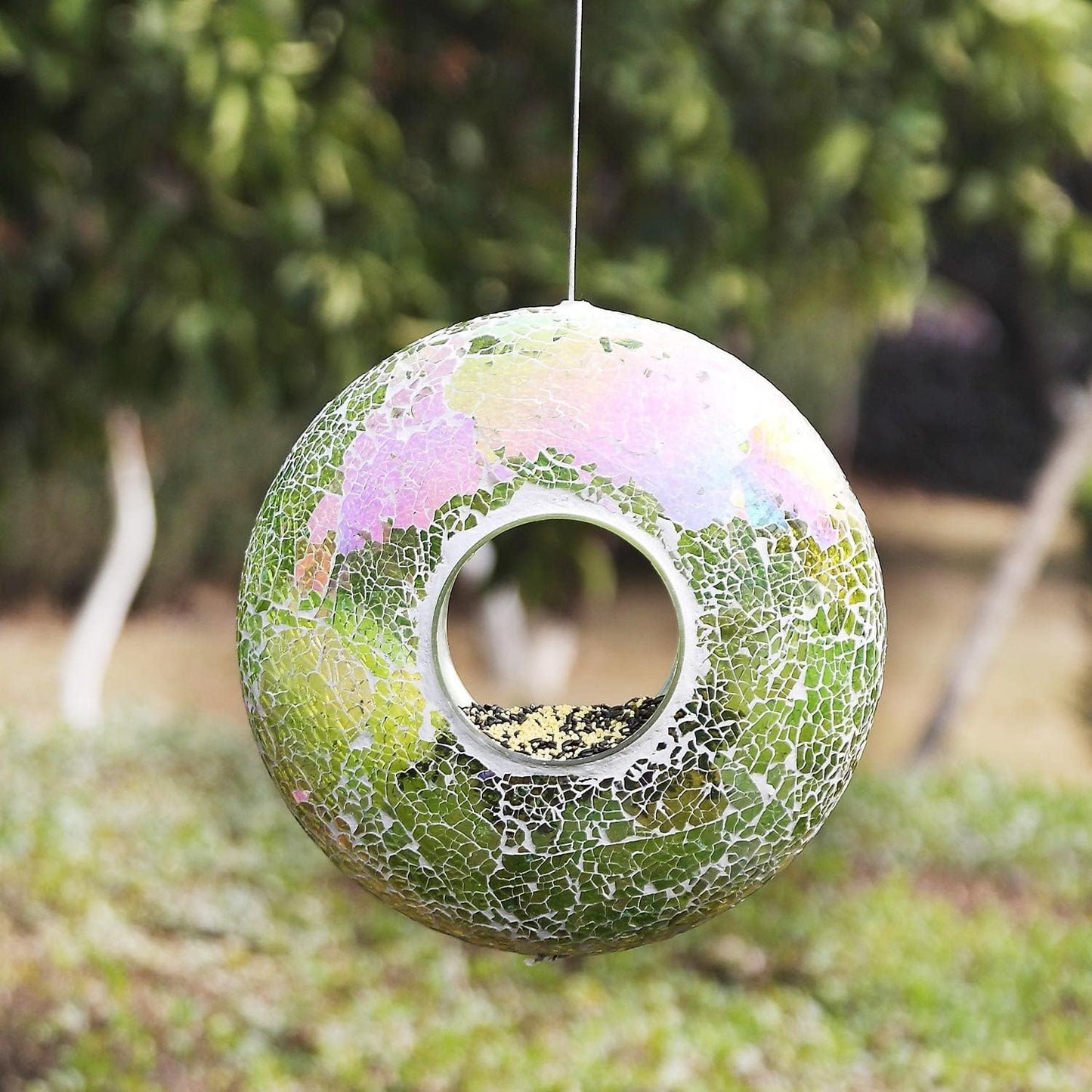 Fly Through Wild Bird Feeder Garden Hanging Bird Feeder Mosaic Circle for Outdoor Decoration,Green