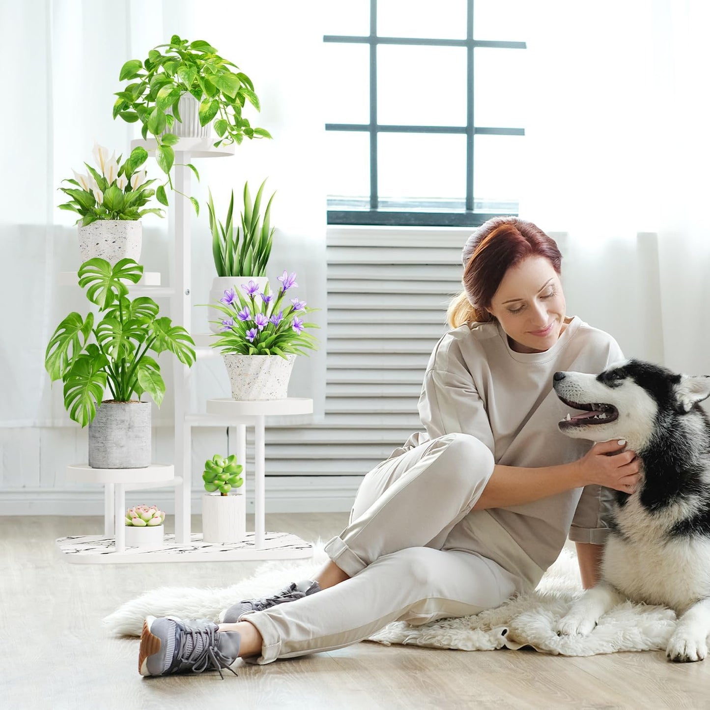 iDavosic.ly 5 Tier Plant Stand Indoor Outdoor, Tiered Corner Plant Stands for Multiple Plants, Metal Plastic Tall Plant Display Holder Flower Shelf for Patio Living Room Garden Balcony Bedroom, White