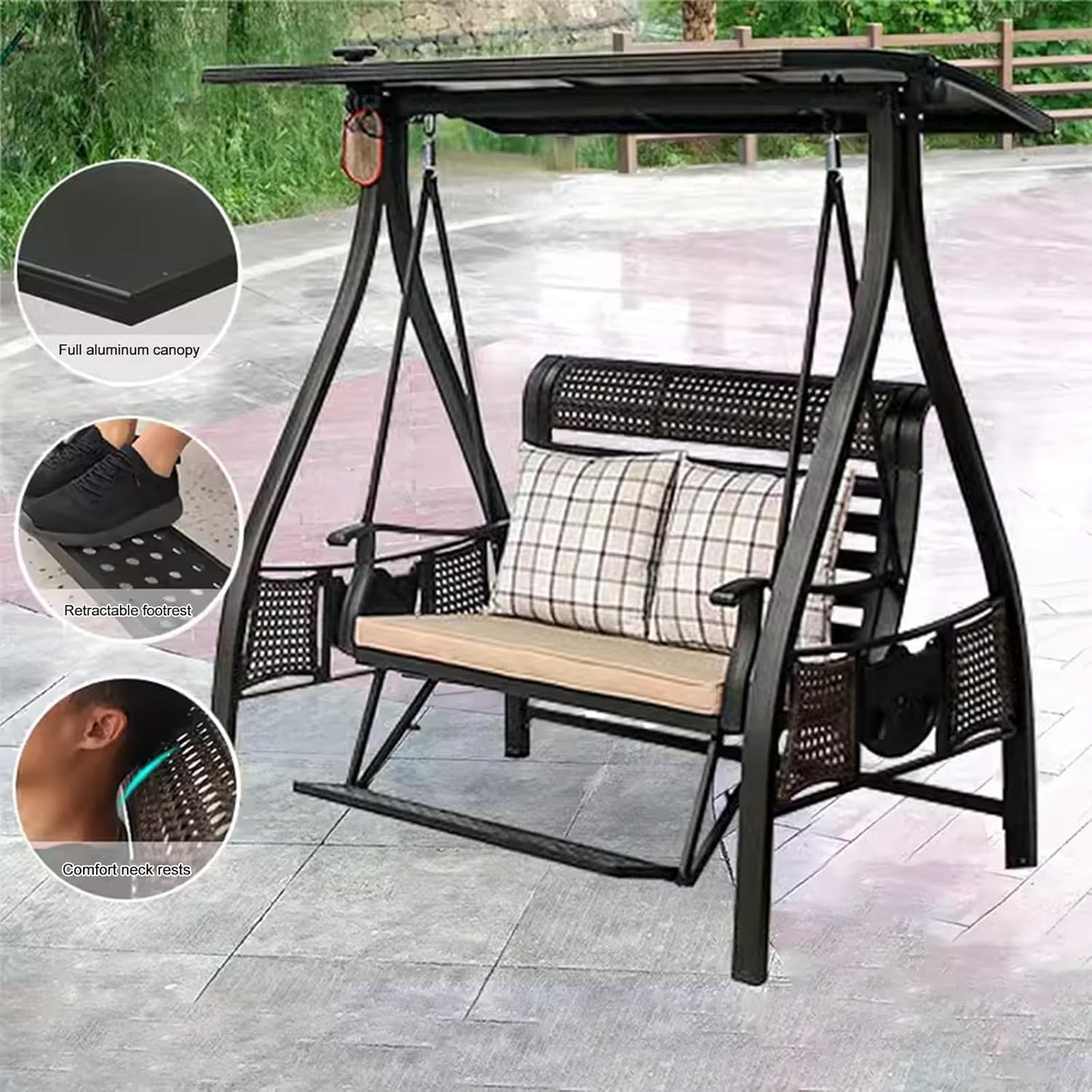 2/3-Seat Outdoor Patio Porch Swing with Adjustable Aluminum Alloy Canopy Solar Patio Swing Chair Bench with Footrest Side Cup Holder for Backyard Lawn (Himalaya-2 Seat)