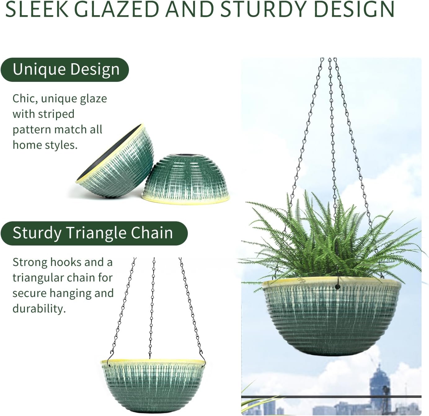 10in Hanging Planters for Indoor and Outdoor Plants, 2 Pack Hanging Planter with Drainage Hole, Round Hanging Flower Pots for Garden Home Decor (Green Glaze)