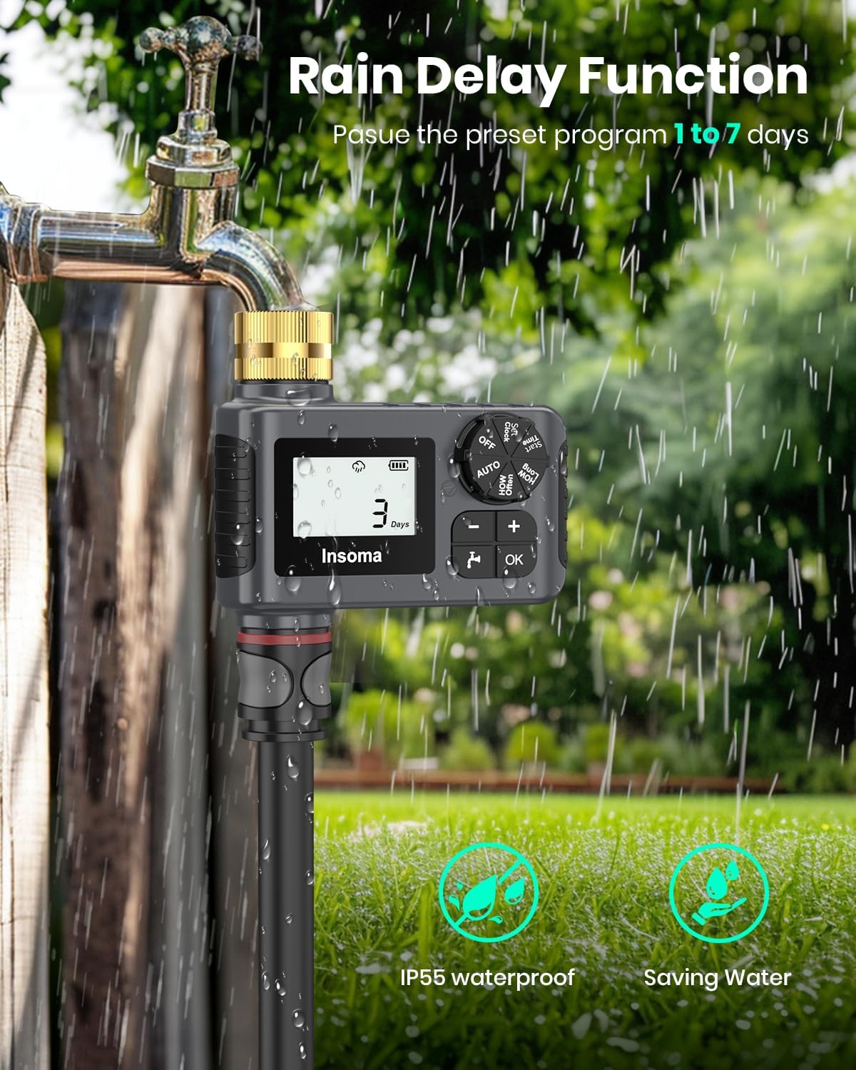 2 PCS Water Timer with Brass Inlet, Water Sprinkler Timer with Rain Delay/Manual/Automatic Drip Irrigation and Lawn Watering System for Yard