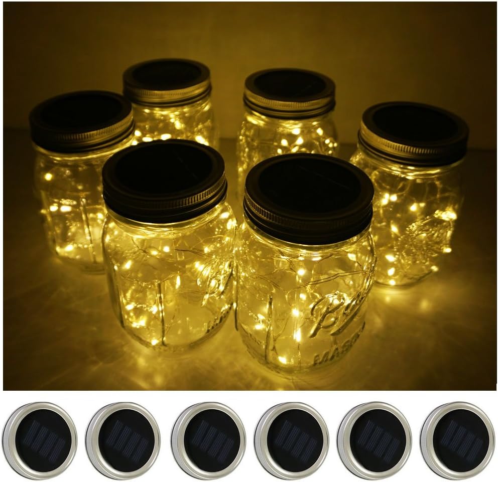 Decorman Solar Mason Jar Lid Lights, 6 Pack 10 LED Waterproof String Fairy Star Firefly Jar Lids Lights for Patio Garden Yard Lawn Party Wedding Christmas Decoration(Jars & Hangers Not Included)