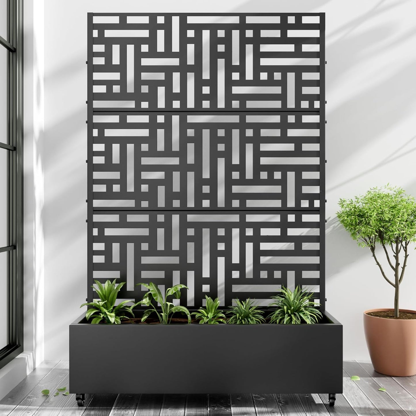 Casaphoria Metal Raised Garden Bed with Trellis and Wheels, 72"x47"x16" Planter Box for Climbing Plants, Vegetables & Vines, Features Drainage Holes and Privacy Screen (Black-Helen)