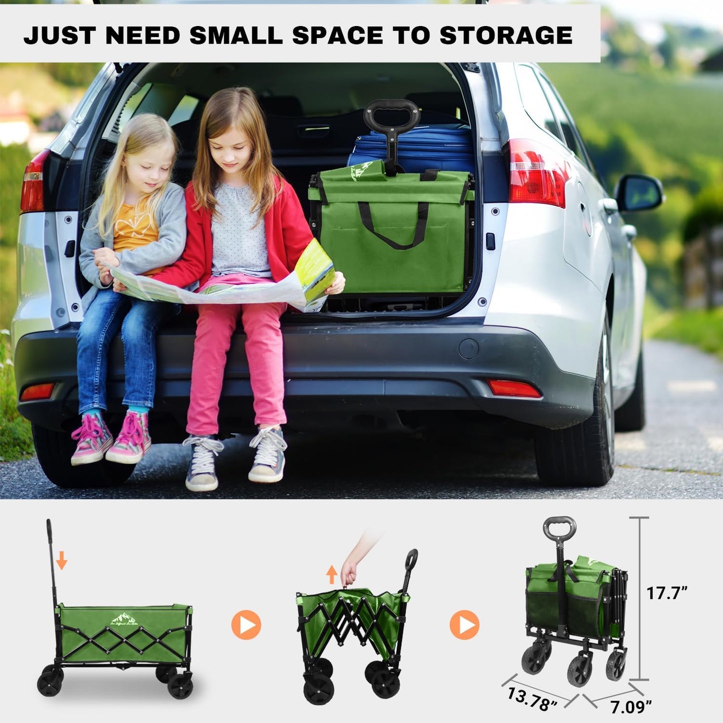 Collapsible Wagon 352LBS Capacity, Foldable Large Carts, Heavy Duty Outdoor Folding Cart with All-Terrain Wheels, Utility Garden Beach Wagon with Storage Bag Green