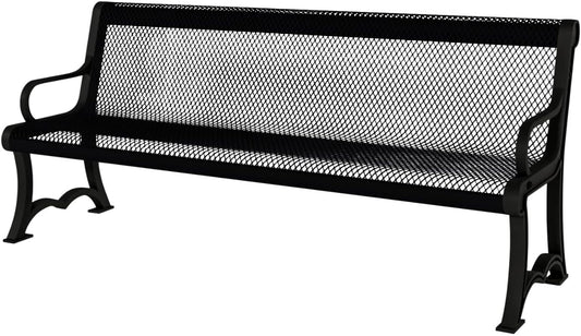 Coated Outdoor Furniture Heavy-Duty Outdoor Bench Thermoplastic Coated, Expanded Metal, Commercial-Grade Garden Bench, Made in America (Portable with Back, 4 Ft, Black)