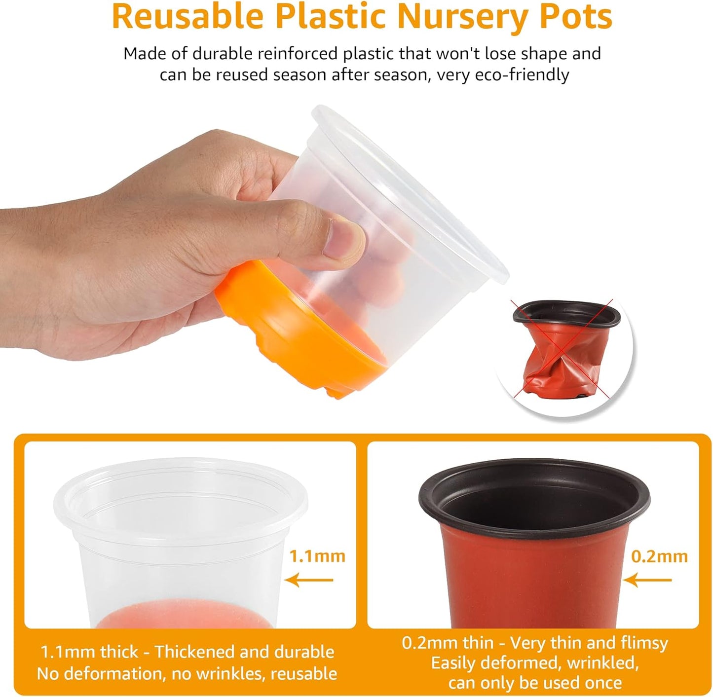 MIXC 30 Packs 4" Reinforced Clear Nursery Pots with Silicone Base for Easy Transplant, Transparent Plastic Plant Pot Reusable Seedling Pots Seed Starter Pots Flower Pot, Orange
