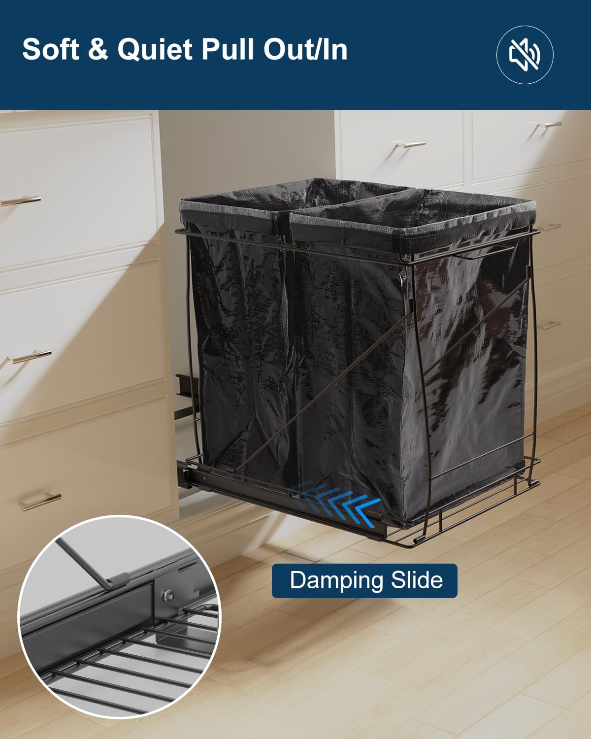 Pull-Out Trash Can for Kitchen Cabinet, Double 13 Gallon Tilt Out Garbage Bins with Soft-Close Slides, Under Sink Stainless Steel Shelf, Easy Installation, Heavy Duty Bags Included (Black)