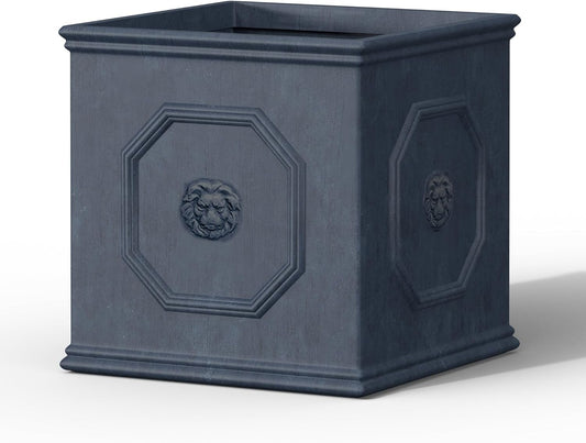 Kante Square Lion Head Concrete Planter, Classic English Style Plant Pot with Drainage Hole and Rubber Plug for Indoor Outdoor Garden Patio Home, 12.6"x12.6"x12.6" Gravel Gray