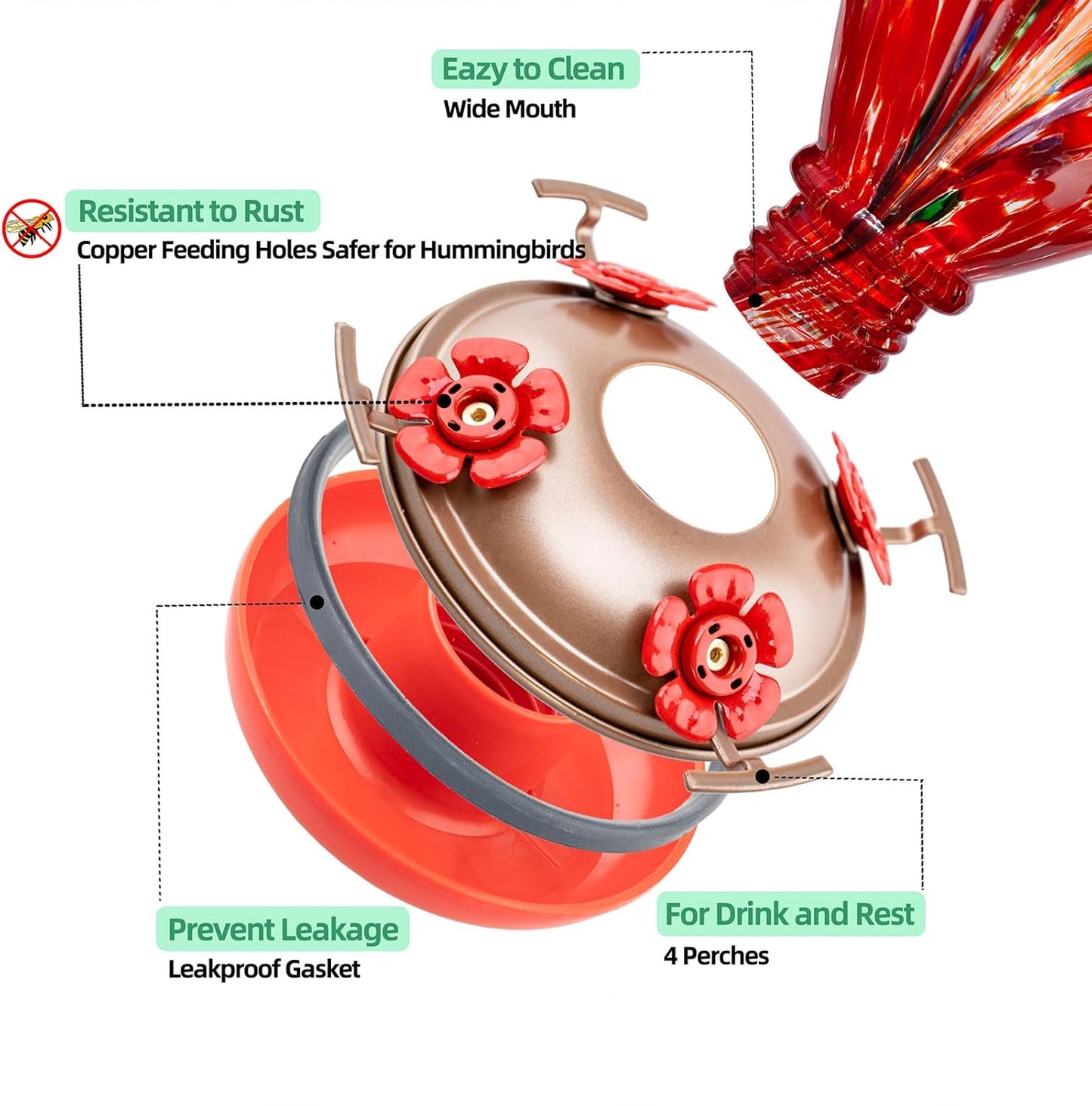 2 Packs Hummingbird Feeder for Outdoors Hanging Ant and Bee Proof, 34OZ 32OZ Hand Blown Glass Hummingbird Feeders for Outside (Red & Blue)