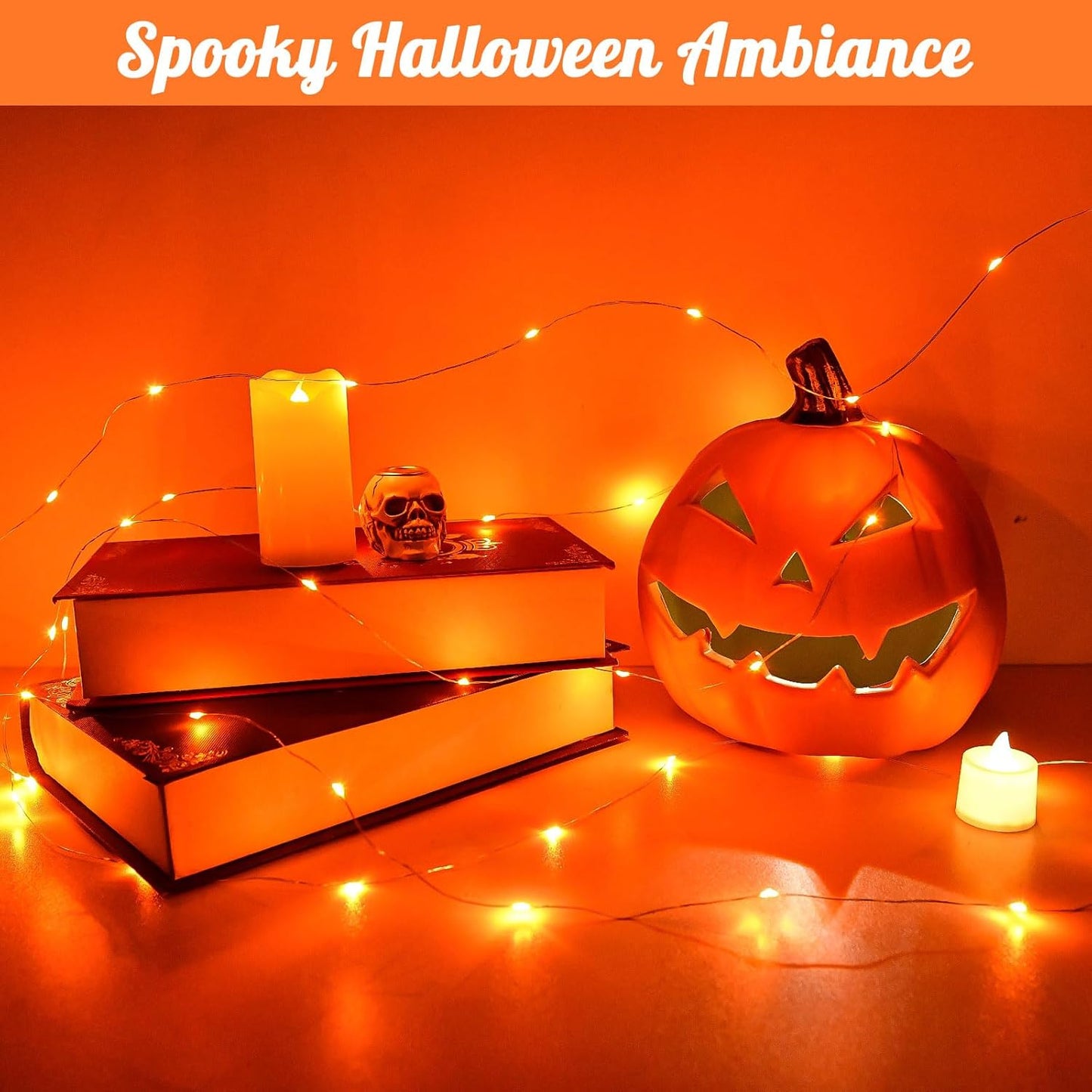 Halloween String Lights Outdoor Waterproof, Orange Solar Fairy Lights 16.4ft 50LED 8 Modes Orange Fall Outdoor Lights for Fall Decor Outside Pathway Patio Party Backyard Decorations