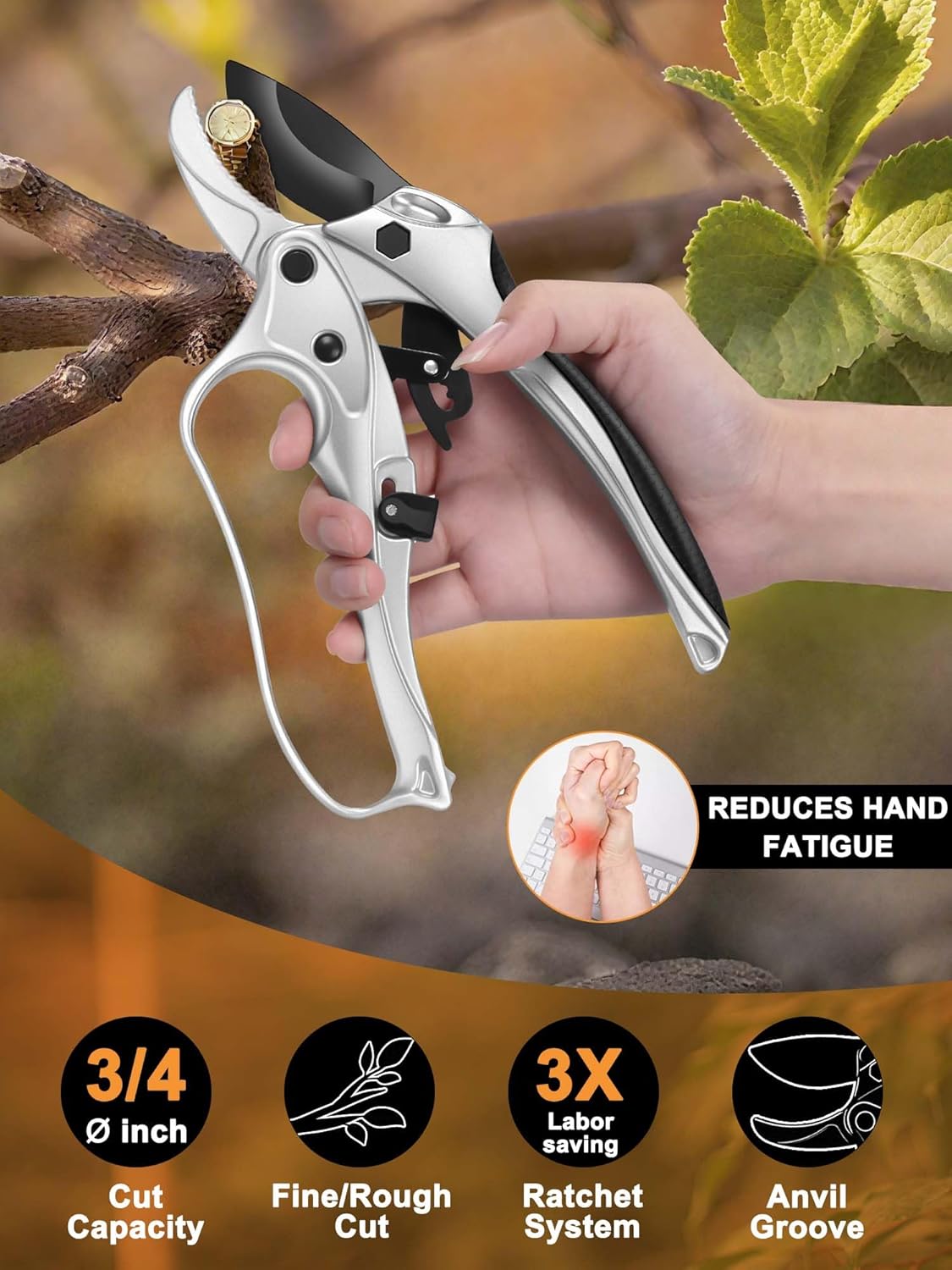 Ratchet Anvil Pruning Shears for Gardening Heavy Duty, Labor-Saving Design Garden Clippers for Arthritis Weak Hands, 3/4" Cut Capacity Branch Cutter for Tree Trimming, Flower, Rose, Plant