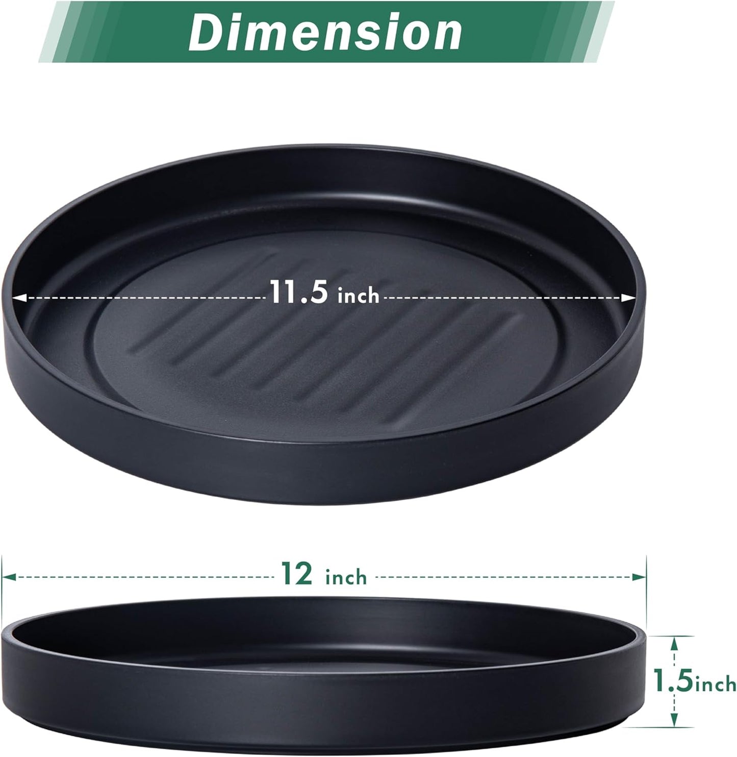 Phoenix Vine 12 Inch Plastic Plant Saucer Water Drip Tray, Heavy Sturdy Round Plant Drainage Tray for Indoors Outdoor, Set of 2, Matte Black, 21-TY-12B-2