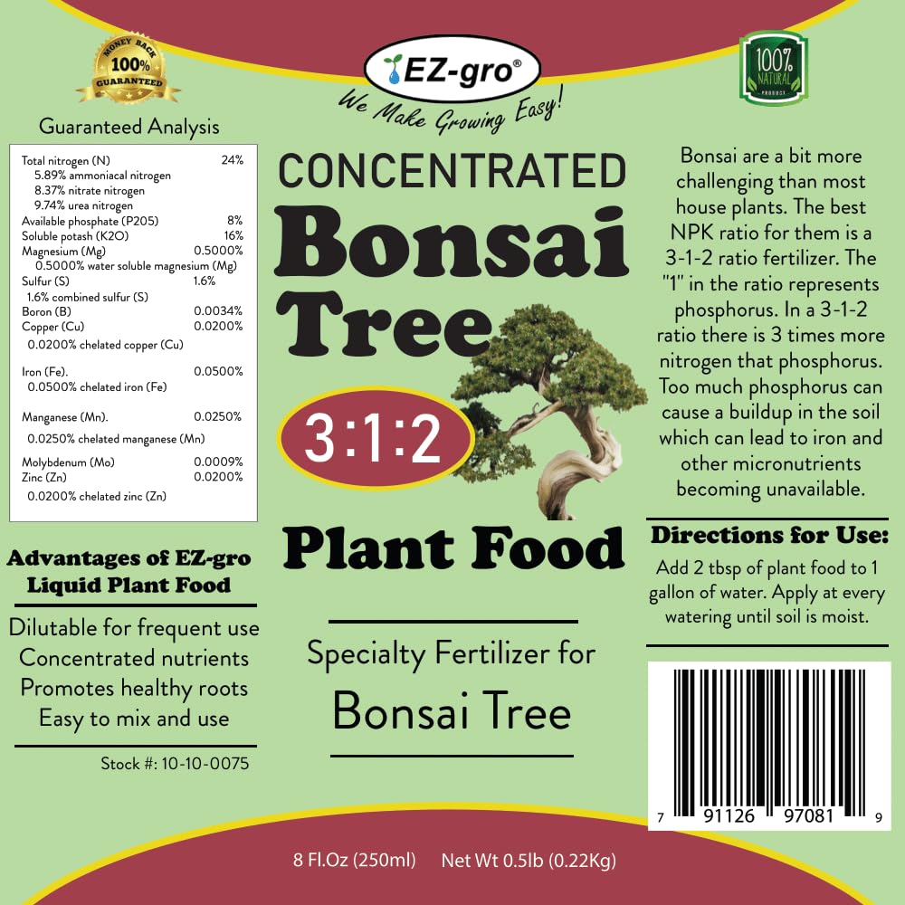 Professional Liquid Bonsai Fertilizer by EZ-gro | 3:1:2 Ratio Concentrate Indoor Plant Fertilizer for Your Bonsai Tree | 8 oz