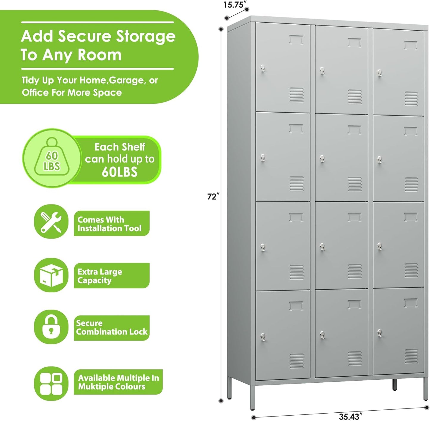 Metal Lockers for Employees with 12 Door & Hooks,Metal Storage Locker with Lock and Card Slot for School Office Garage Gym Bedroom Home,Assembly Required,12 Doors Light Grey