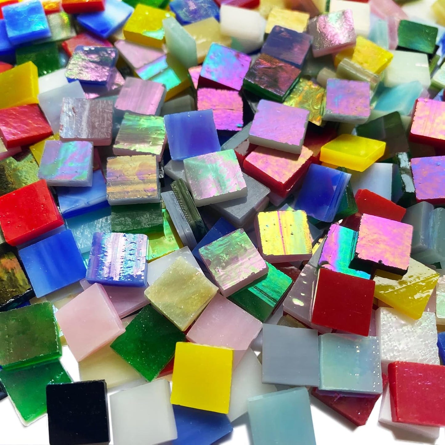 610 Pieces Iridescent Square Glass Mosaic Tiles, Colorful Stained Glass Sheets for Crafts, Stained Glass Supplies, KALUCION Rainbow Mosaic Kit for Adults
