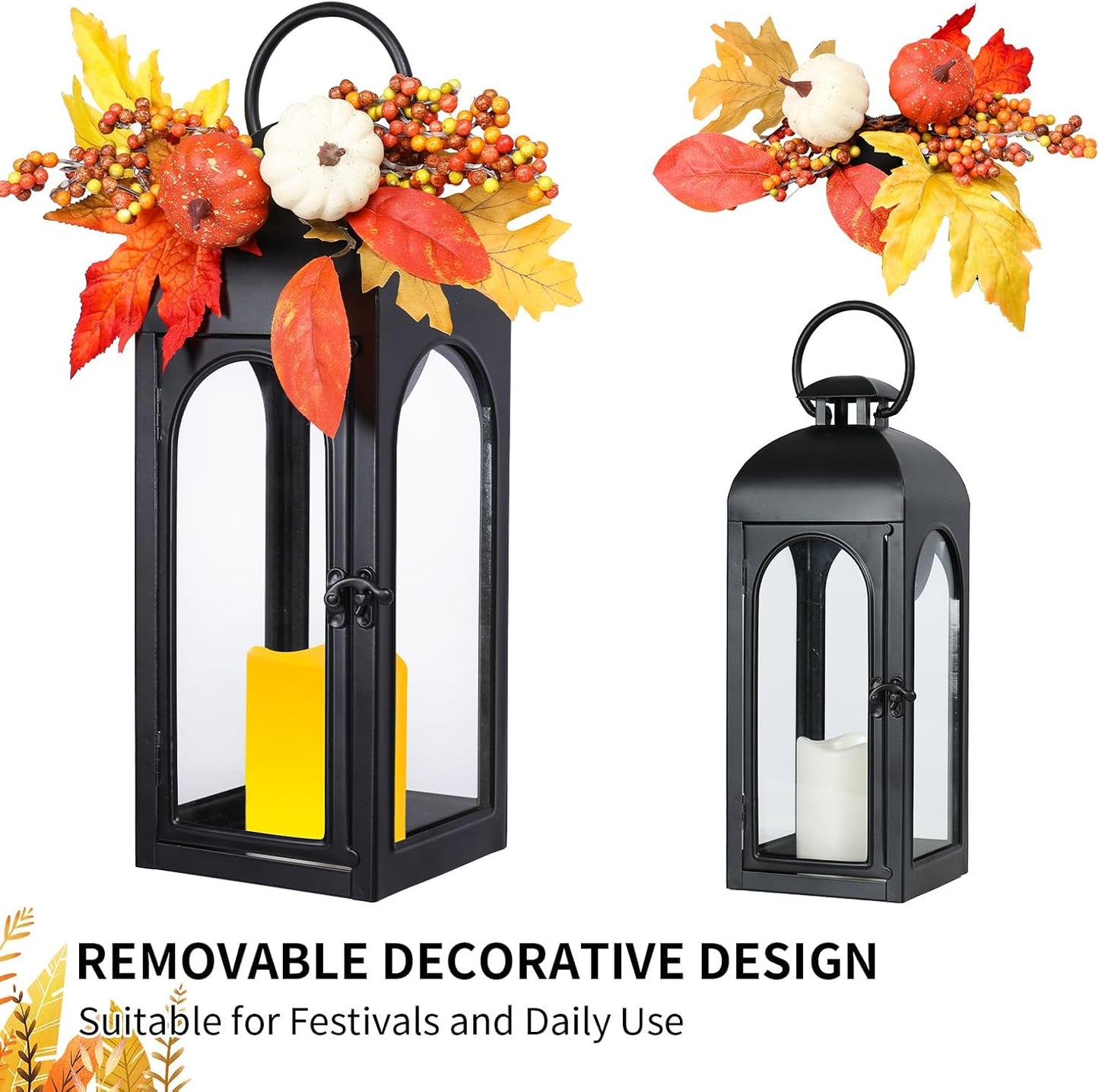 Bdor 2 Pack Fall Lanterns Decor with LED Candle – 16 Inch Harvest Pumpkin Maple Leaf Hanging Lantern for Autumn Thanksgiving Table Centerpiece Indoor Outdoor Decoration, Battery Operated