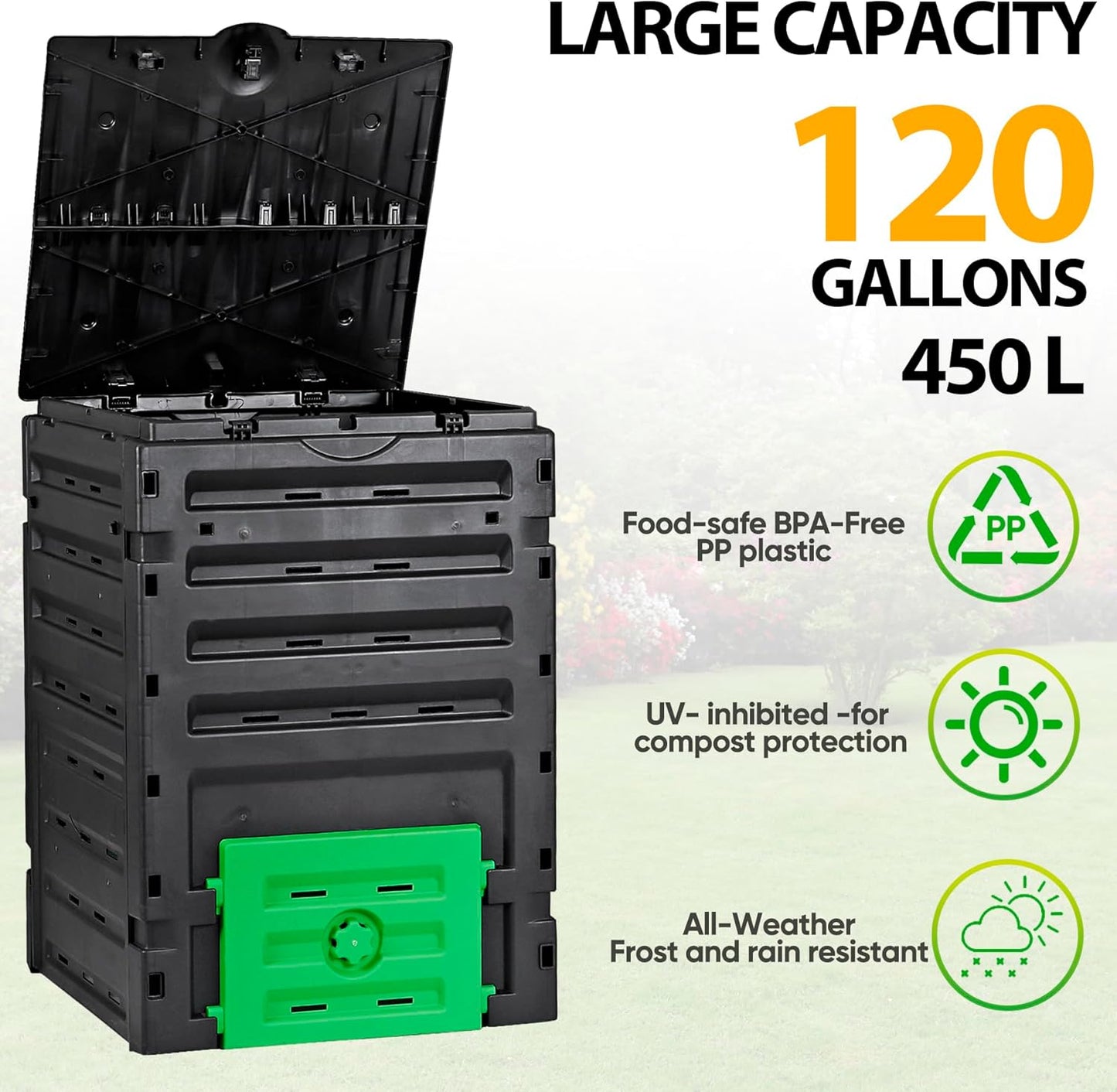 JupiterForce 120 Gallon Large Compost Bin, BPA Free Outdoor Composting Tumblers for Garden Patio, Easy Assembling, Fast Creation of Fertile Soil, Lightweight