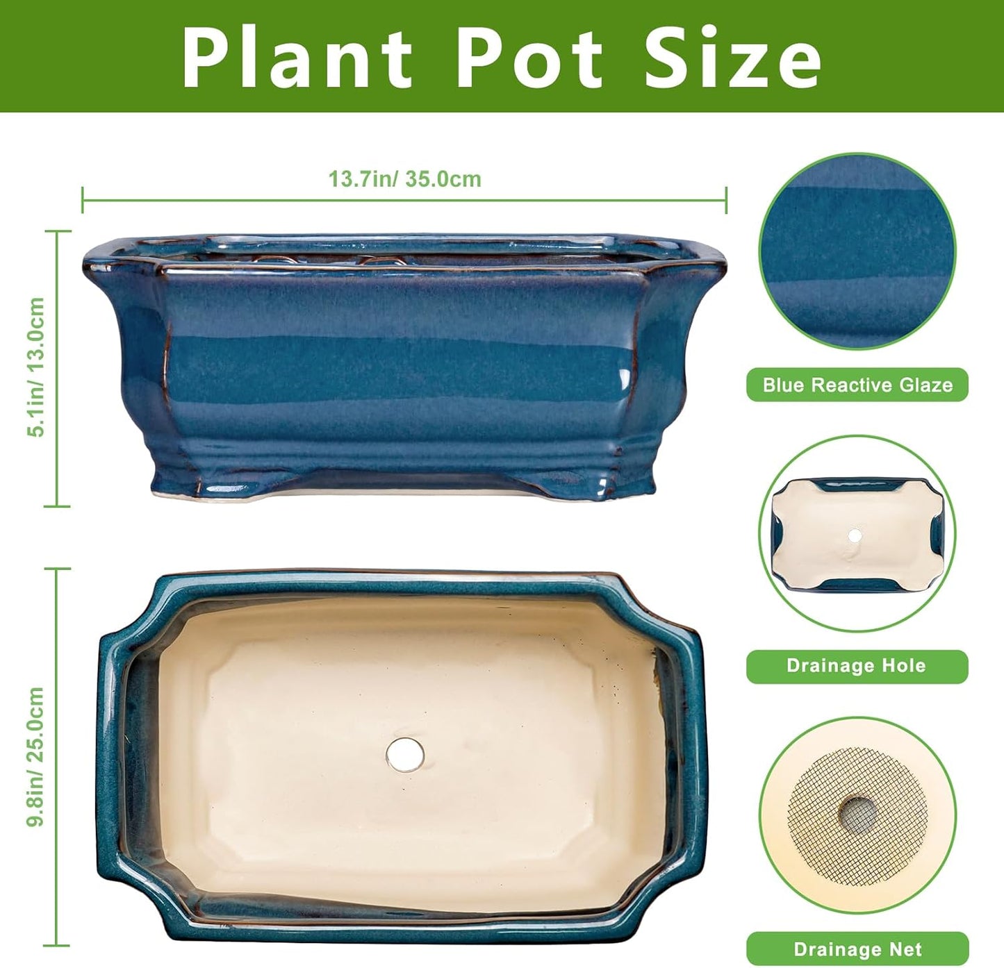 Bonsai Tree Pot - 13.7 Inch Large Ceramic Succulent Planter for Indoor Outdoor, Rectangle Plant Pot with Drainage Hole, Decorative Flower Pots, Home Decor, Gifts for Plant Lovers, Retro Blue