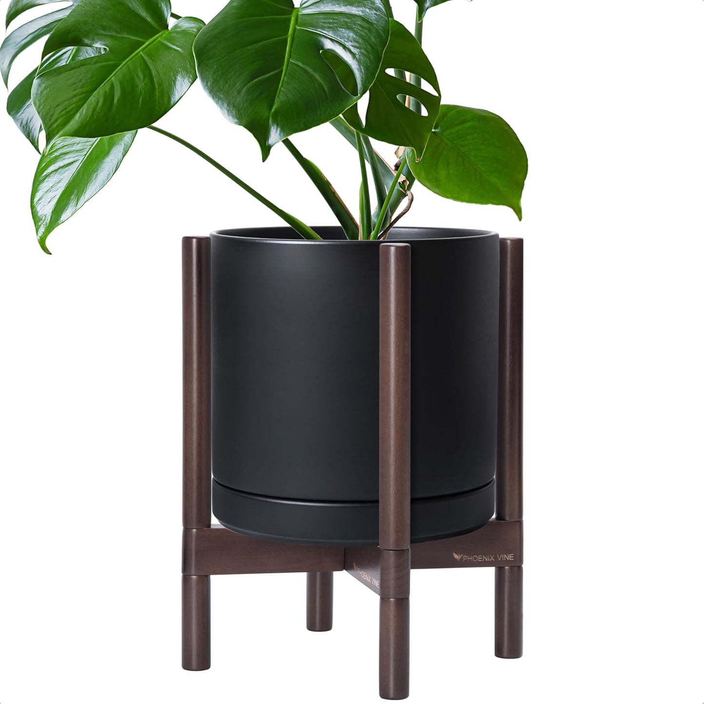 D'vine Dev Ceramic Planter with Walnut Color Stand - 12 Inch Modern Round Flower Pot with Wood Planter Holder, Black, 55-B-W-2