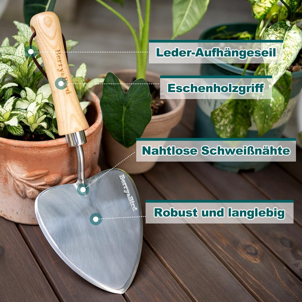 Berry&Bird Perennial Trowel, Oversized Garden Potting Trowels with Sharp Blade Wood Hand Shovel, Stainless Steel Planting TSpade Gardening Tool for Roots,Digging,Transplanting