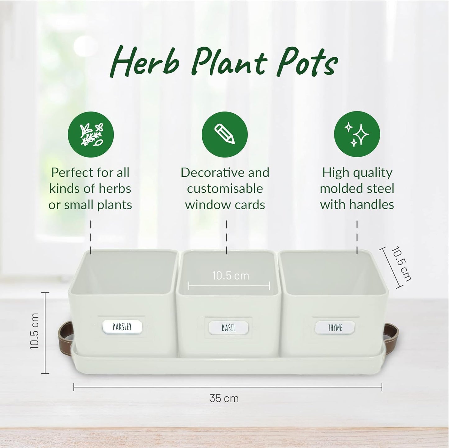 Herb Planter Indoor - Set of 3 Warmstone Indoor Herb Garden Pots for Plants with Leather Handled Tray - Window Sill Plant Shelf - Herb Pots with Drainage Holes and Labels