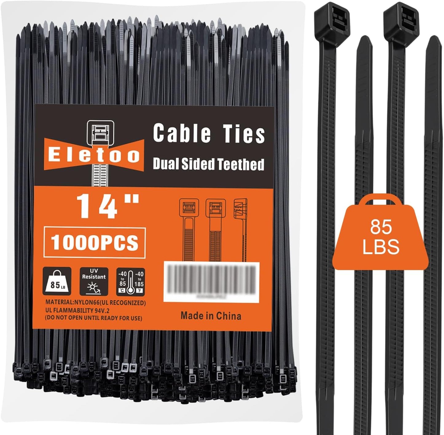 14 inch Black Zip Ties (1000 Pack), 2025 New Patented Design, 85 LBS Tensile Strength, Self-Locking Nylon PA66 UV Resistant Cable Ties for Indoor and Outdoor Use