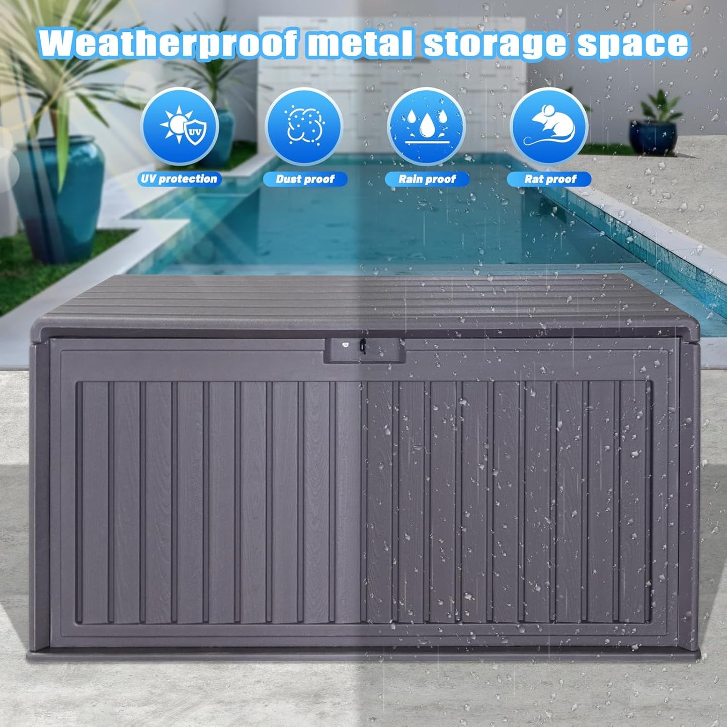 100 Gallon Outdoor Storage Box Waterproof, Resin Deck Box with Dual-Wall, Patio Cushion Storage Box for Garden Tools, Pool Supplies, Toy