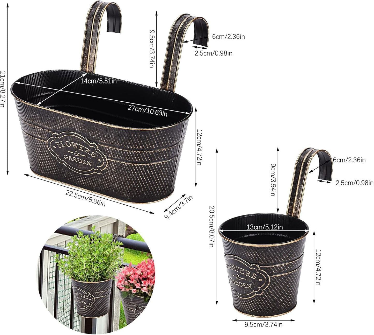 PerGar Vintage Metal Iron Wall Hanging Flower Pots, Rustic Planter Bucket Herb Flower Plant Holder with Detachable Hooks & Drainage Hole for Railing Fence Balcony Deck Garden Home Decoration, Set of 3