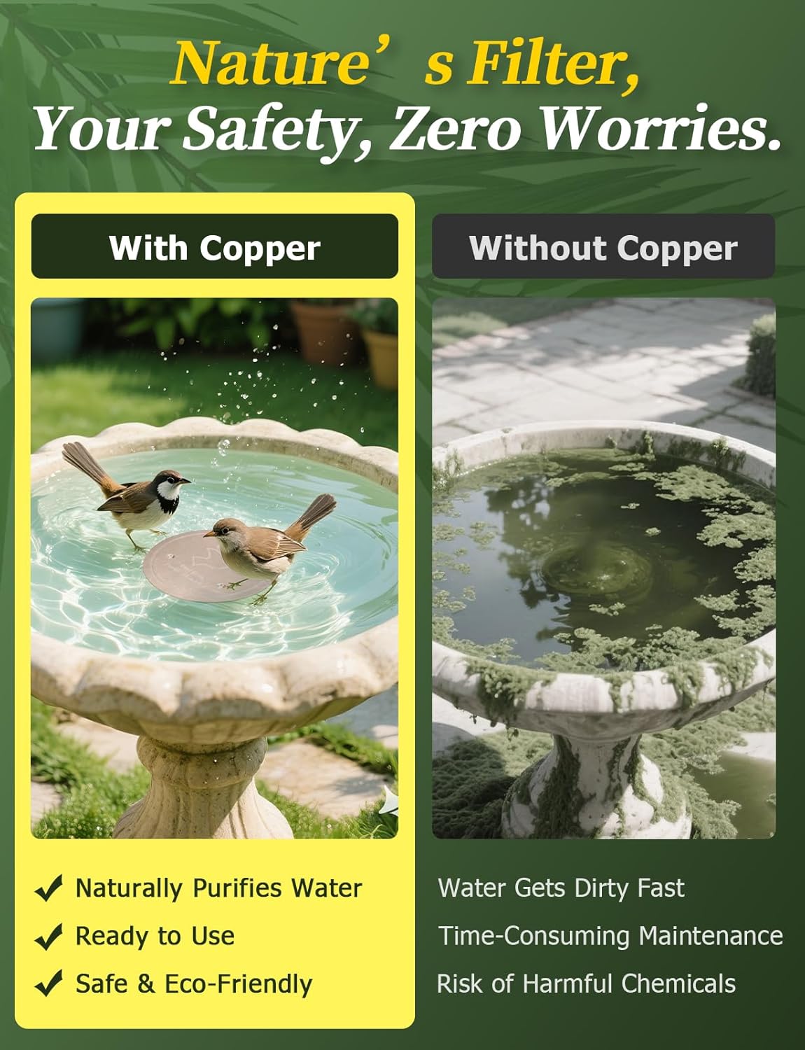 Mellbree 2-Pack Bird Bath Copper Disk, 0.6mm Reinforced 99.99% Pure Copper Cleaning Disk with Triple-Point Support for Physical Safe Clean Water All-Season, Universal Fit for Outdoor Birdbaths, Bowl
