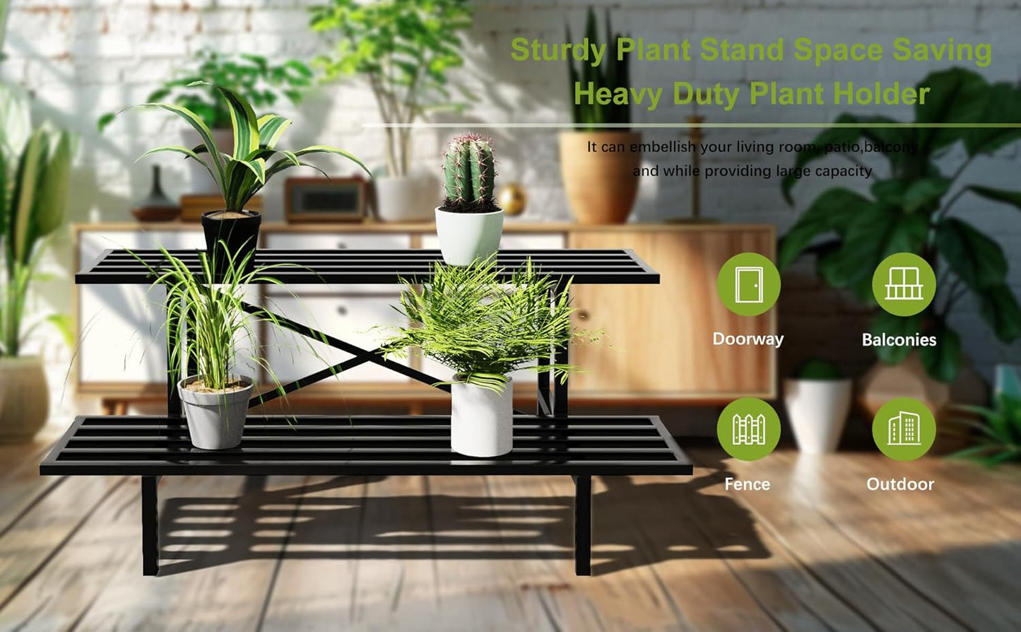 Zhongma 2 Tier Sturdy Metal Plant Stand Heavy Duty Plant Holder for Home Indoor and Outdoor, L35.43 x W17.5 x H14 inch, 440 LBS Capacity & Heavy Duty Construction.