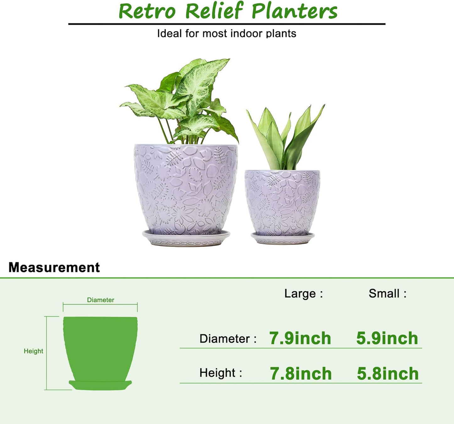 8 Inch + 6 Inch Retro Ceramic Planter Set of 2 with Drainage Hole and Saucer for Multiple Plants, Indoor-Outdoor Garden Pots for Succulent, Orchid, and Flower (Retro Purple)