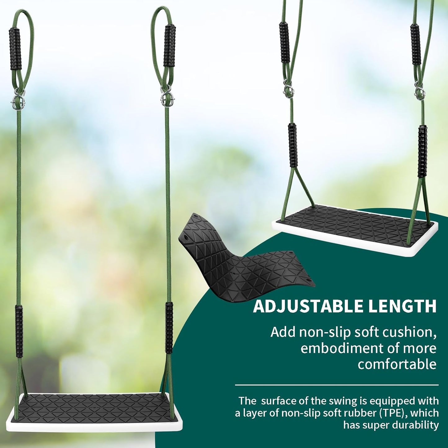 Heavy Duty Swing Seat Non-Slip with Tree Rope Adjustable Swing Set Accessories Replacement for Kids Outdoor Backyard Playground Jungle Gym，Black