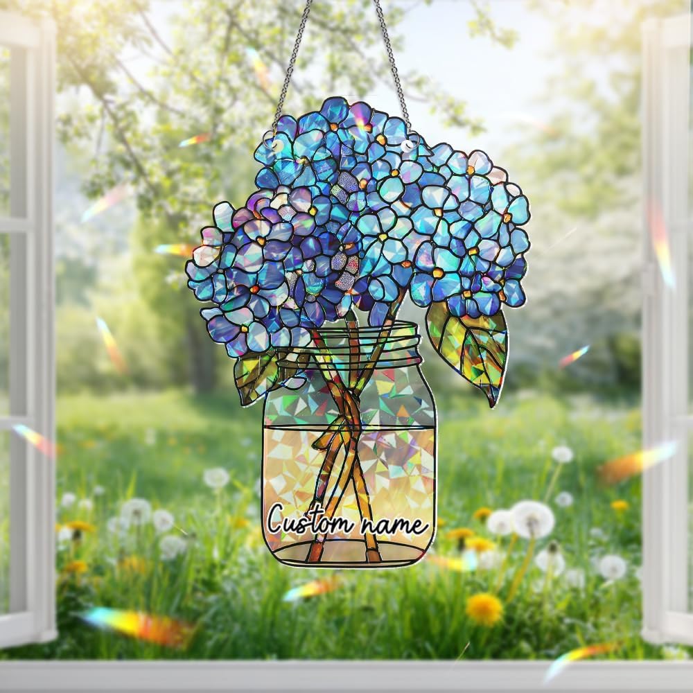 Hydrangea Flower Stained Glass Suncatcher – Acrylic Window Ornament, Sun Catchers Indoor Window Decor for Kitchen and Garden Gift, Housewarming Xmas Gift for Mom, Nana, Grandma