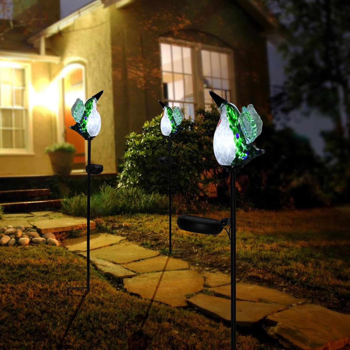 Afirst Solar Hummingbird Garden Stake Lights Hand Blown Glass Decorative Garden Pathway Lights Outdoor Waterproof Bird Glass Stakes 2 Pack
