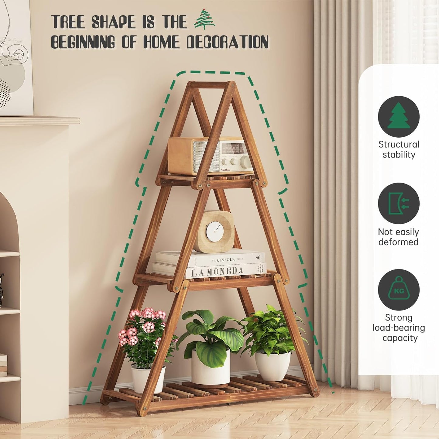 Wooden Plant Stand Indoor Outdoor,Christmas Tree Plant Shelf Indoor,3 Tier Tall Flower Stand for Multiple Plants,Corner Plant Holder for Living Room Bedroom Office Garden Patio Decor