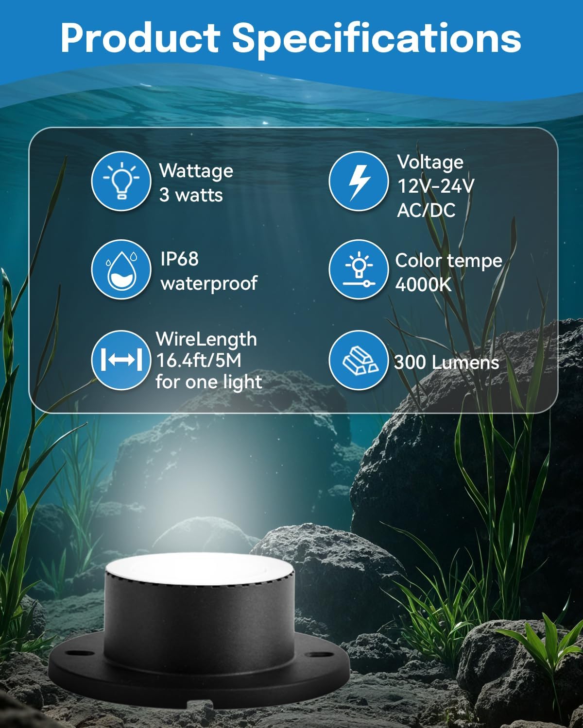 HIBOITEC Pond Lights 3W LED IP68 Waterproof Underwater Lights with UL Cord Day White 4000K Low Voltage Landscape Lighting for Fountain Pool Compatible 12-24V AC/DC 4Pack